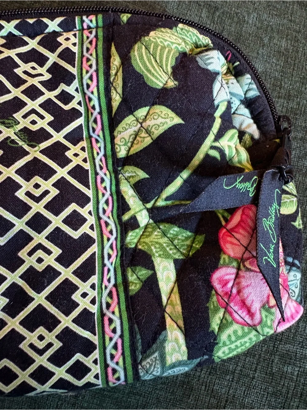 Vera Bradley Black Floral Quilted Cosmetic Pouch with Pink & Green Accents